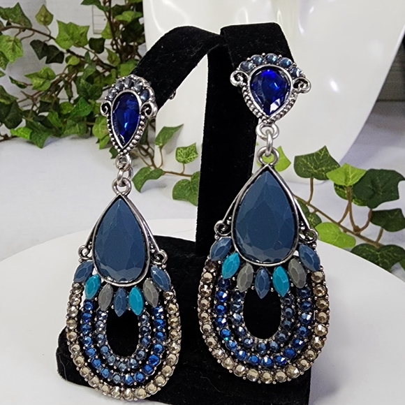 Silver with Blue Teardrop Earrings - Picture 3 of 9